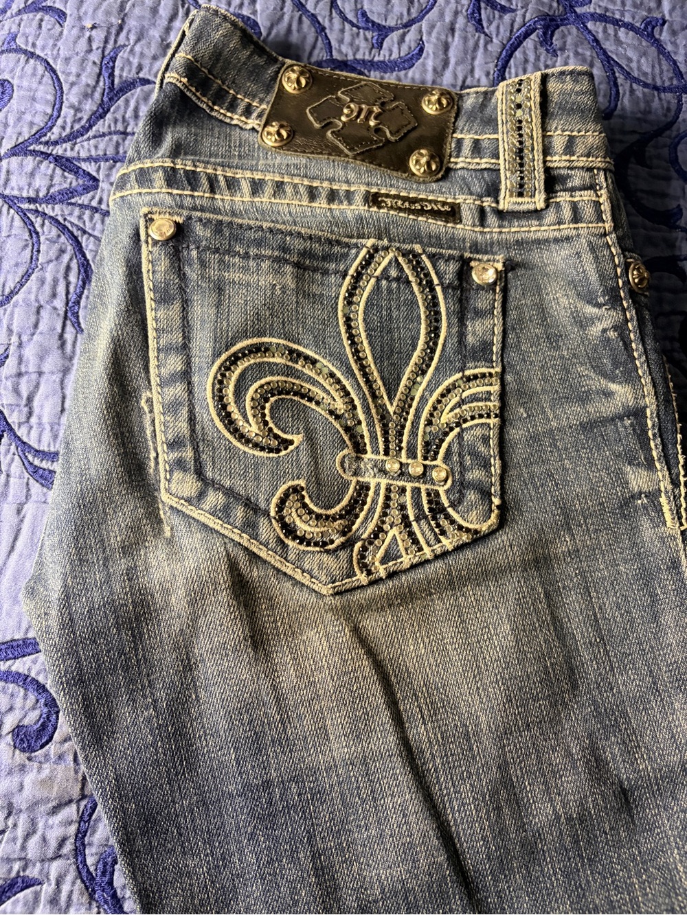 Miss Me Light Blue Bootcut Jeans with Embroidered Fleur-de-Lis Pocket